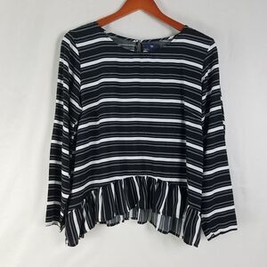 Gap Shirt Women Large Black White Top Stripe Long Sleeve Round Neck Keyhole Back